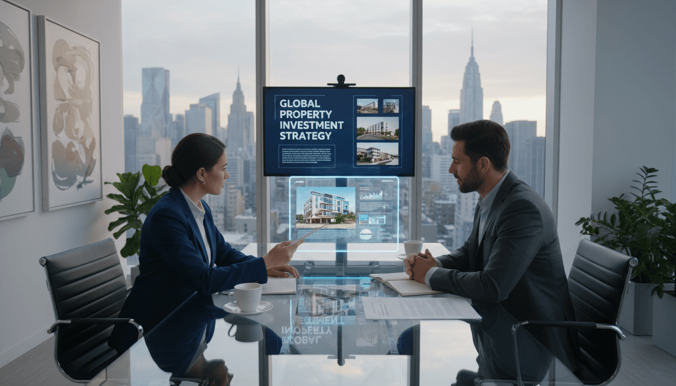 Professional real estate advisor meeting with clients in modern office setting with natural light