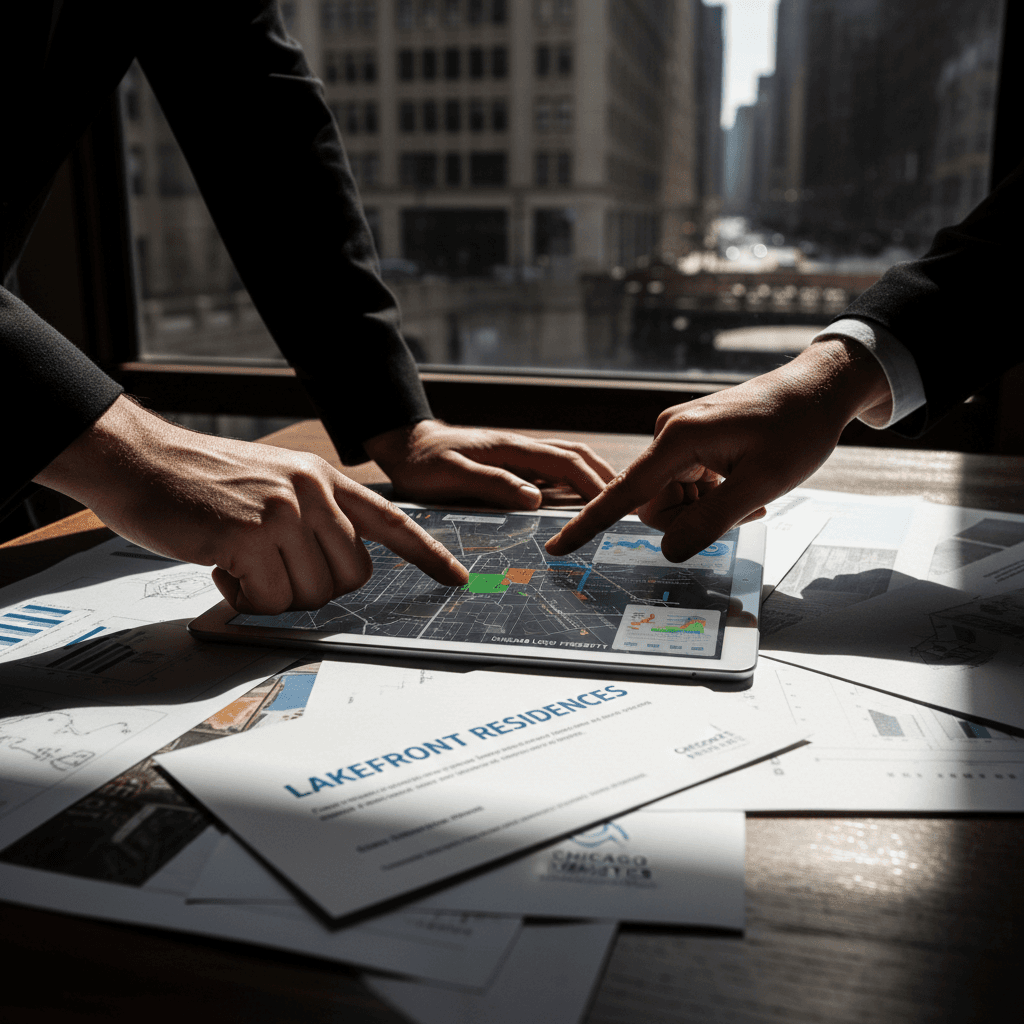 Real estate advisor analyzing property location and market data on map