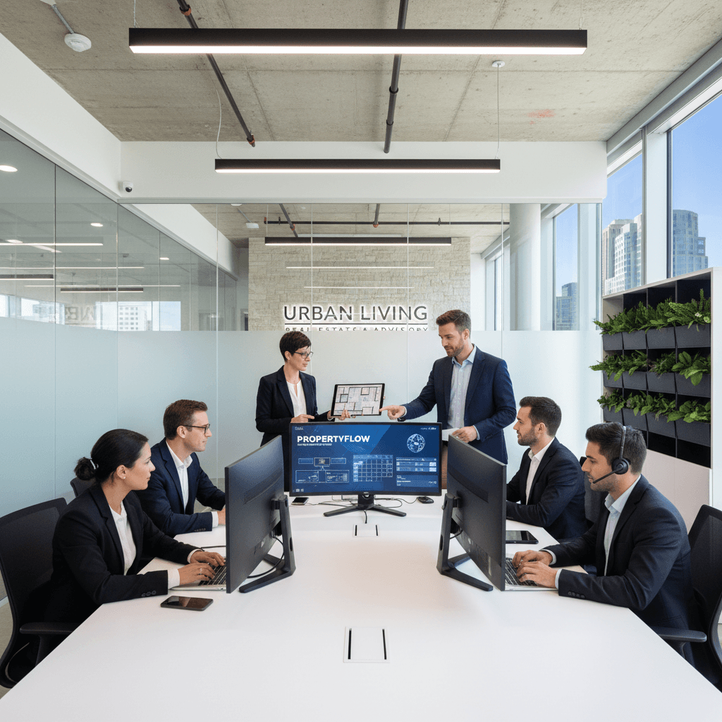 Modern real estate office with professional team coordinating property management systems and communications