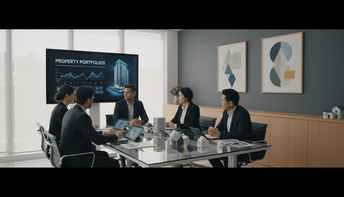 Real estate professional meeting with clients in bright modern office space discussing property portfolio