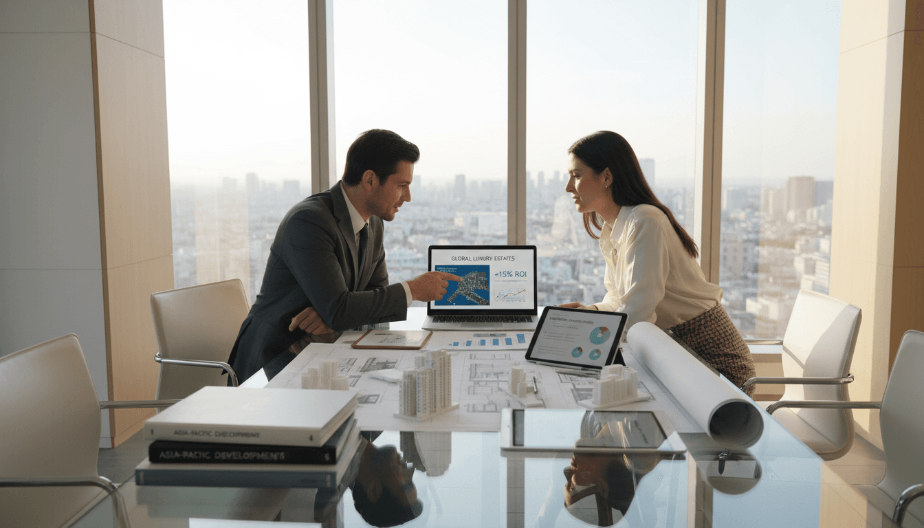 Real estate advisor consulting with investor client in professional office setting