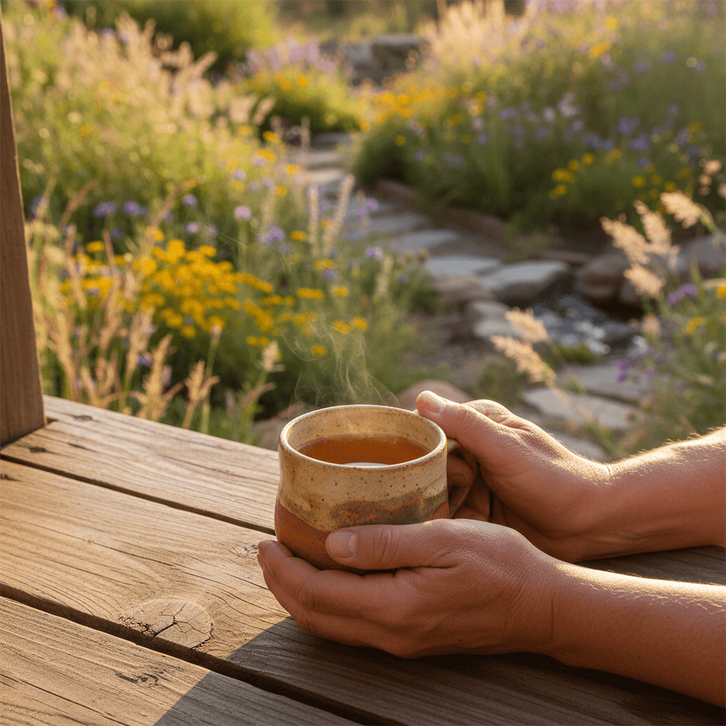 Hands holding warm herbal tea on wooden deck overlooking native garden landscape during golden hour light